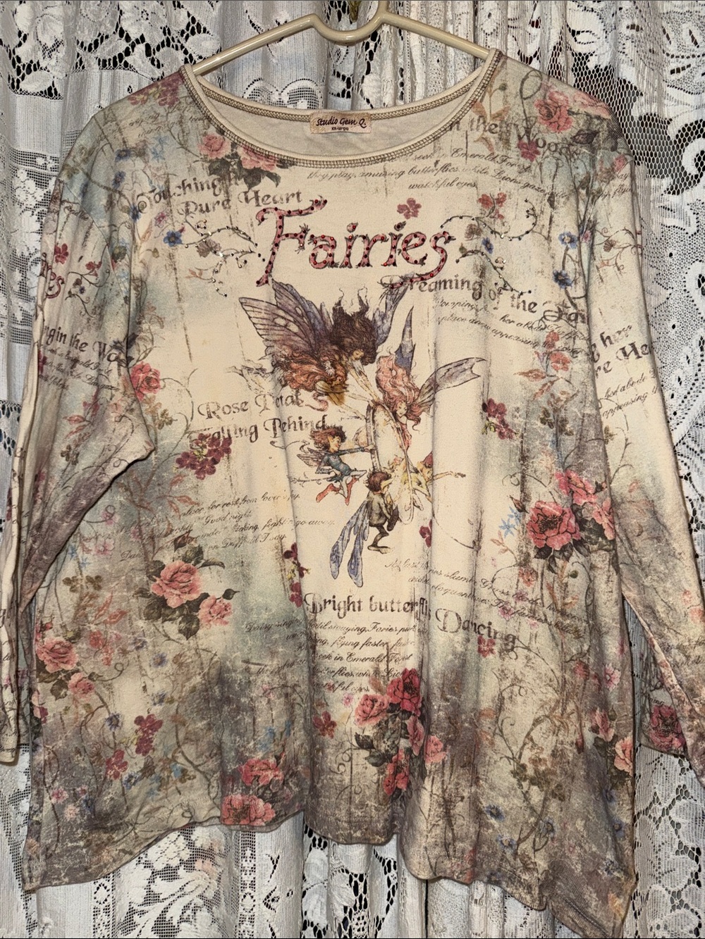 Fairies Long-Sleeve Women's Tee - Cream with Pink Floral Print